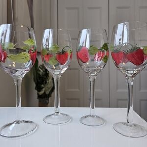 Set Of 4 Strawberry Handpainted Wine Glasses